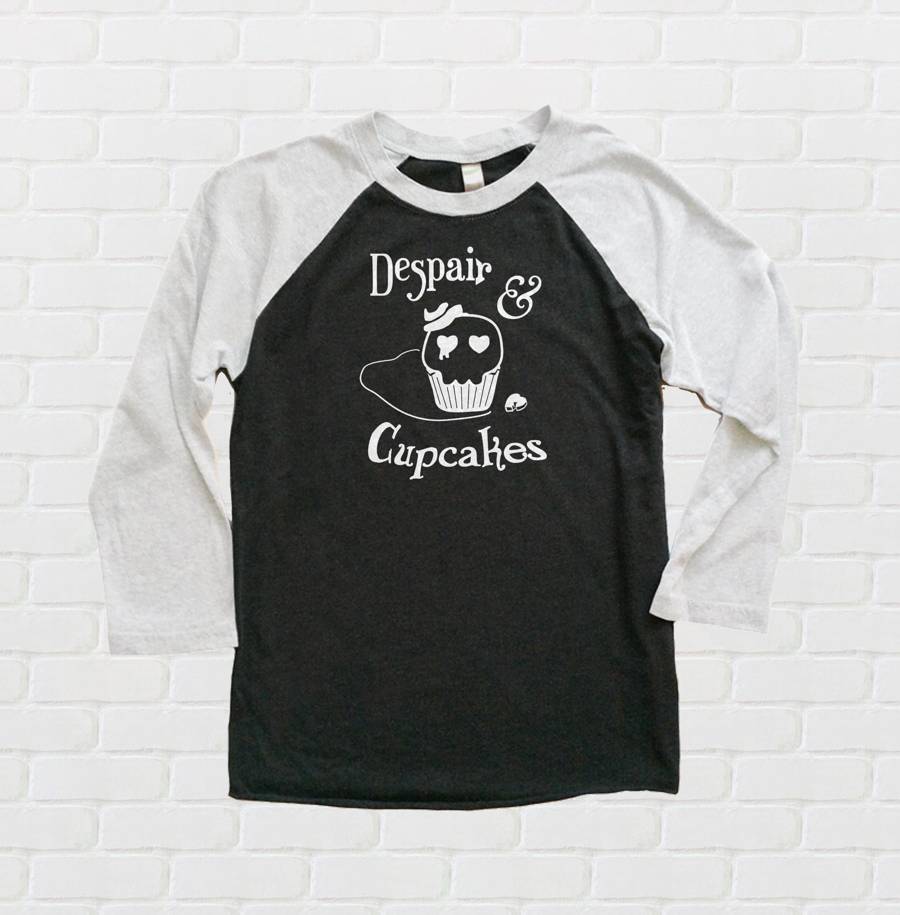Despair and Cupcakes Raglan T-shirt 3/4 Sleeve - White/Black