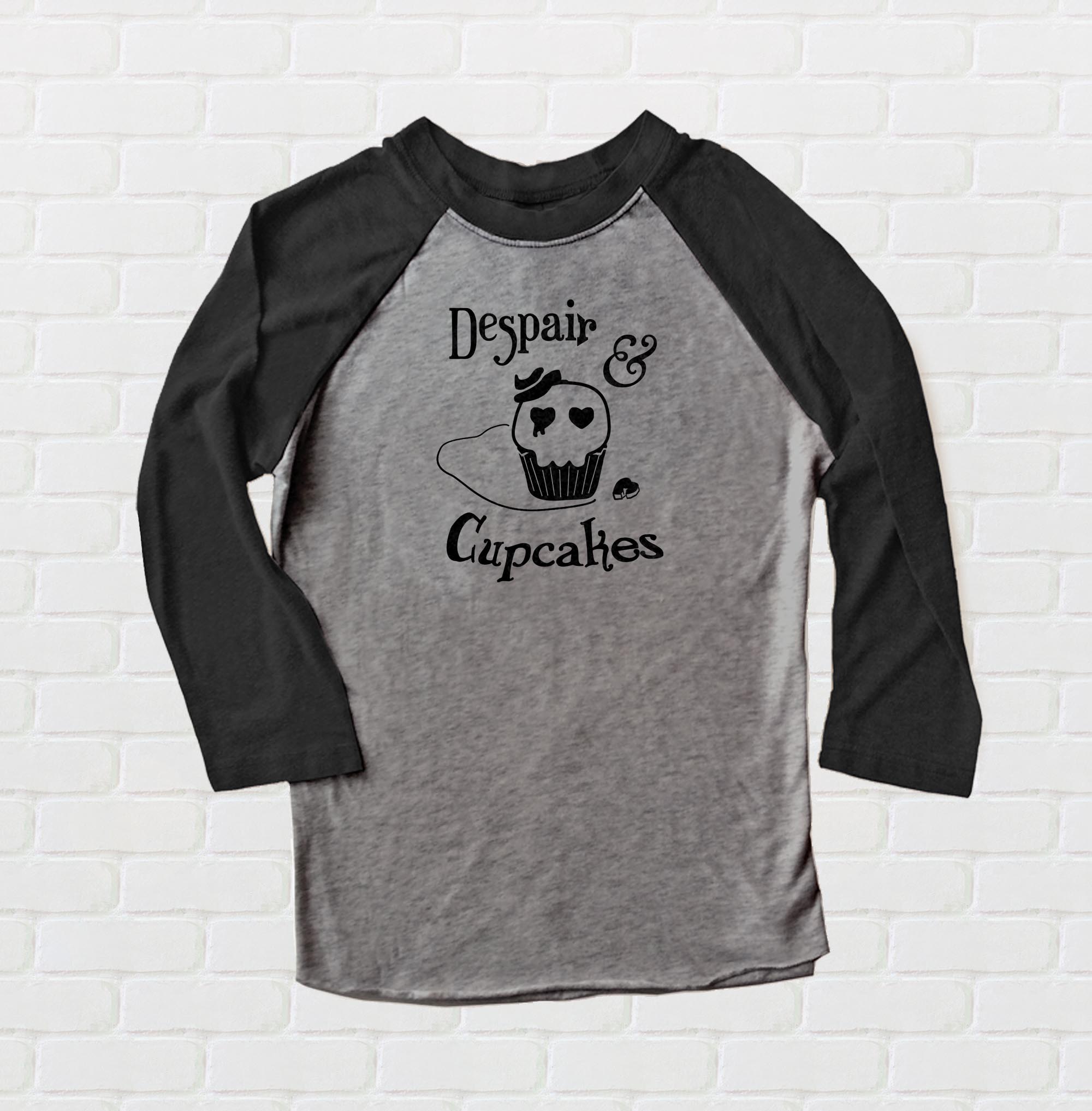 Despair and Cupcakes Raglan T-shirt 3/4 Sleeve - Grey/Black