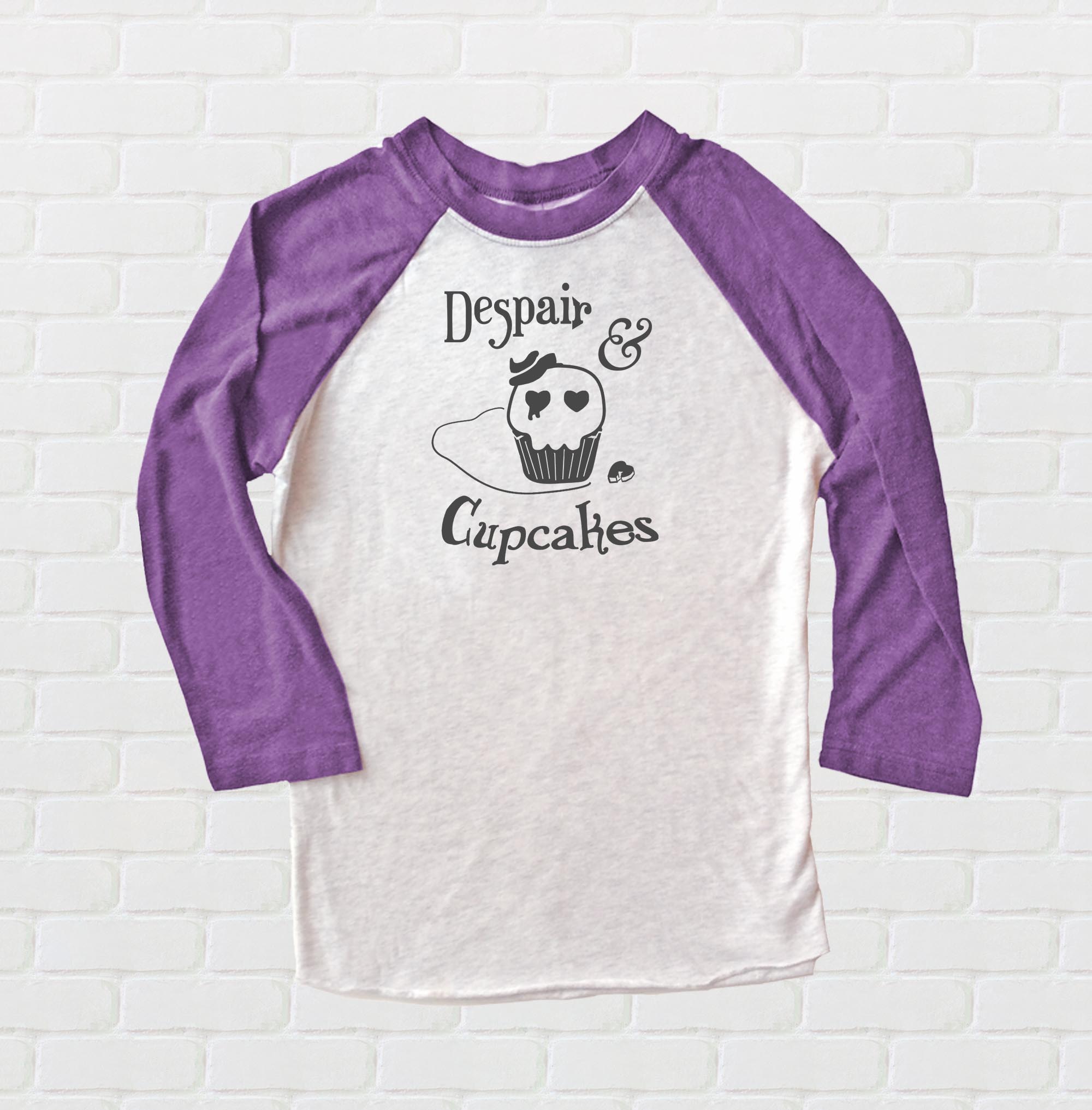 Despair and Cupcakes Raglan T-shirt 3/4 Sleeve - Purple/White