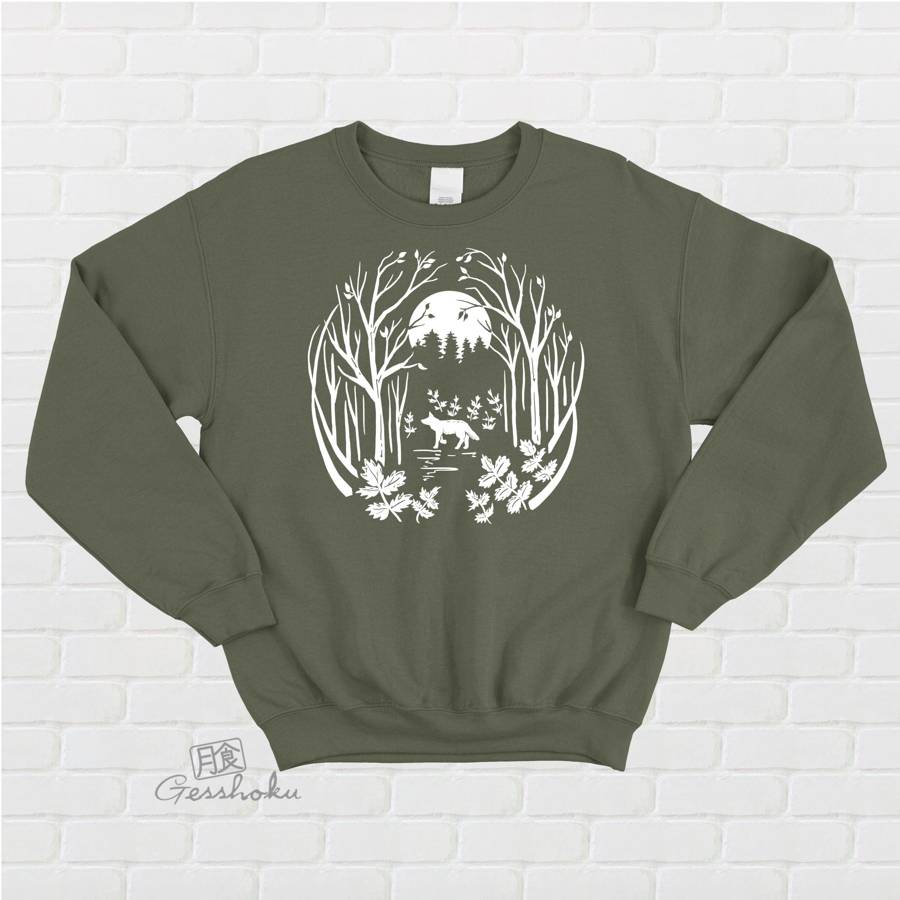 Fox in the Forest Crewneck Sweatshirt - Olive Green