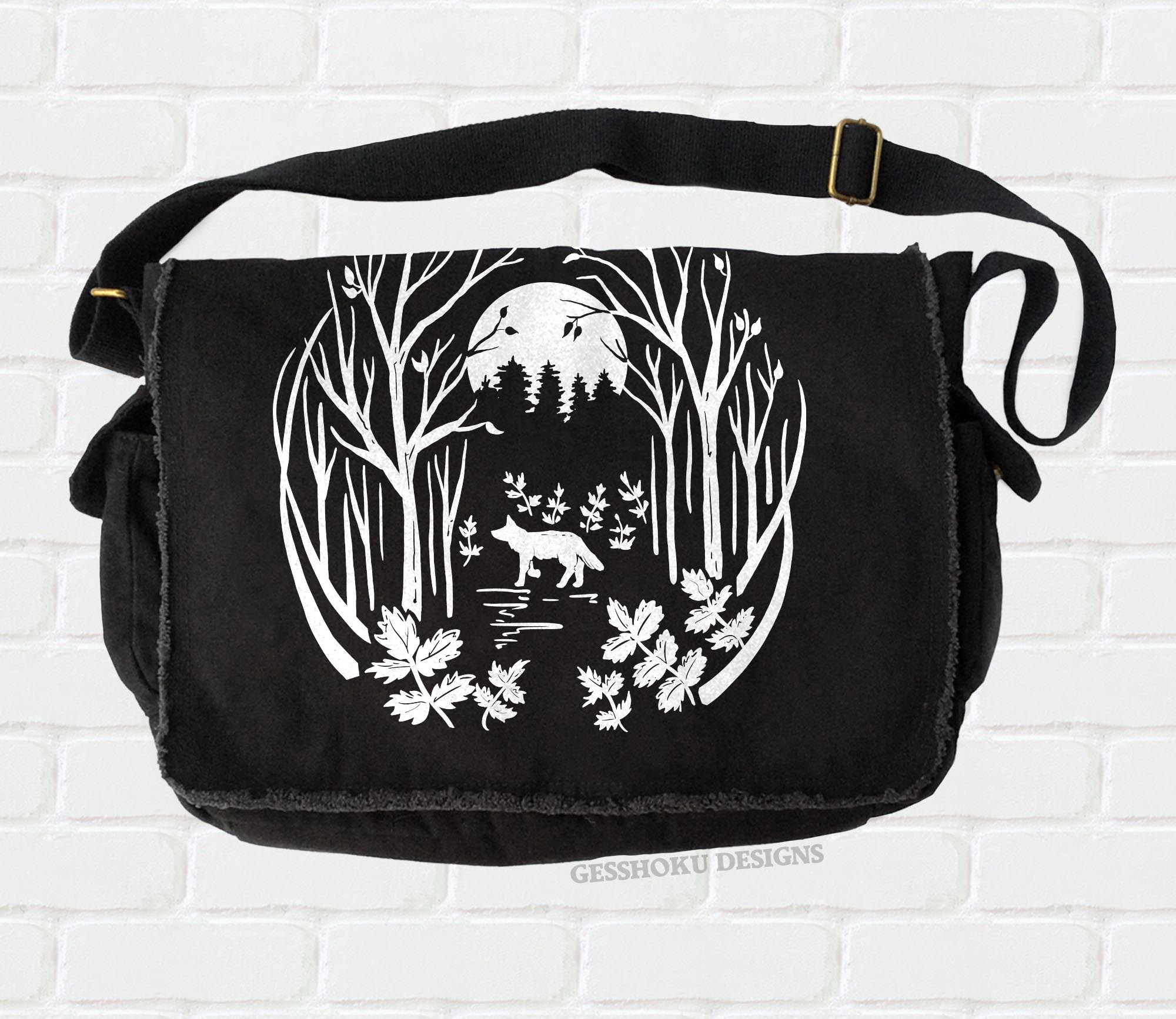 Fox in the Forest Messenger Bag - Black