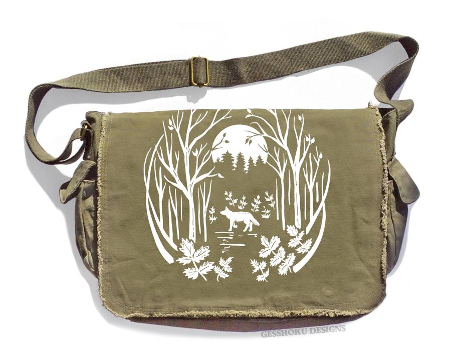 Fox in the Forest Messenger Bag - Khaki Green