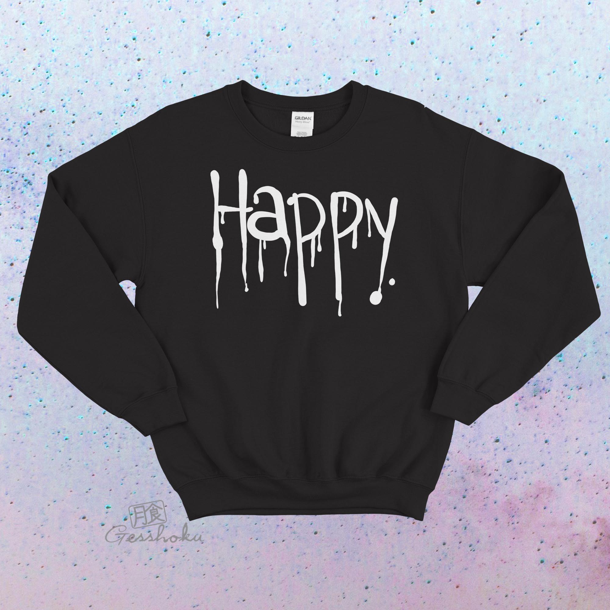 "Happy" Dripping Text Crewneck Sweatshirt - Heather Black