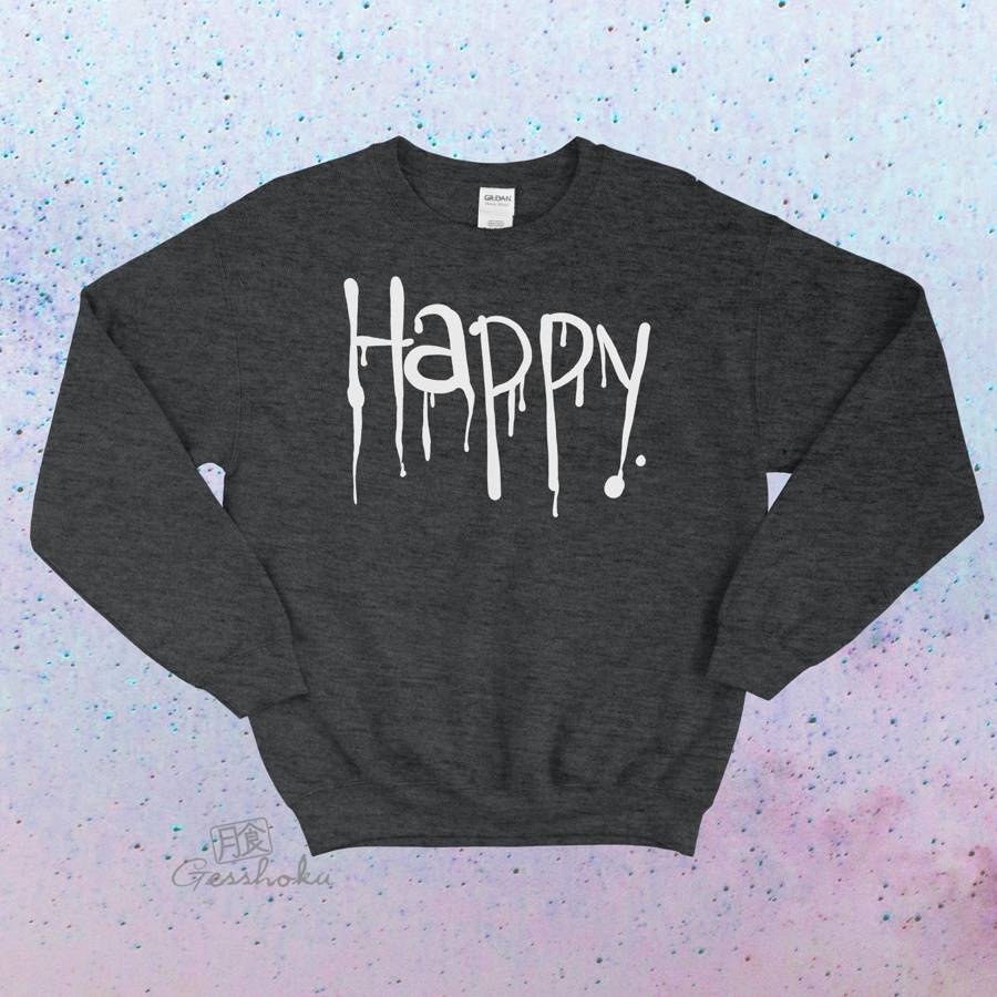 "Happy" Dripping Text Crewneck Sweatshirt - Heather Black