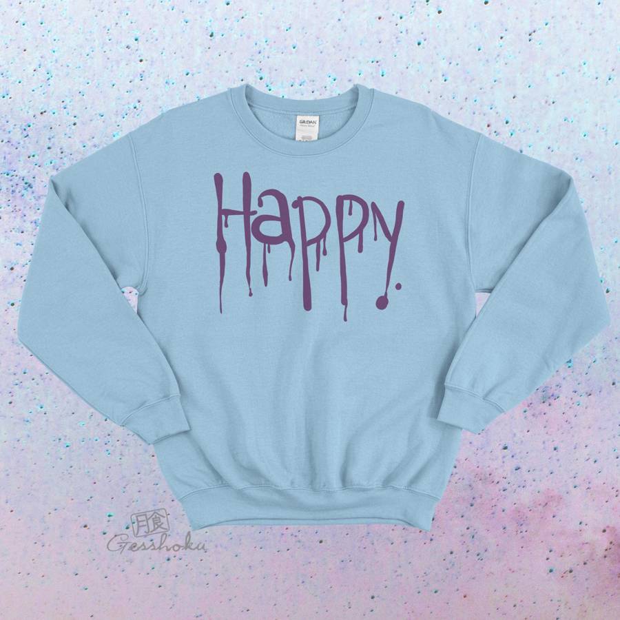 "Happy" Dripping Text Crewneck Sweatshirt - Light Blue