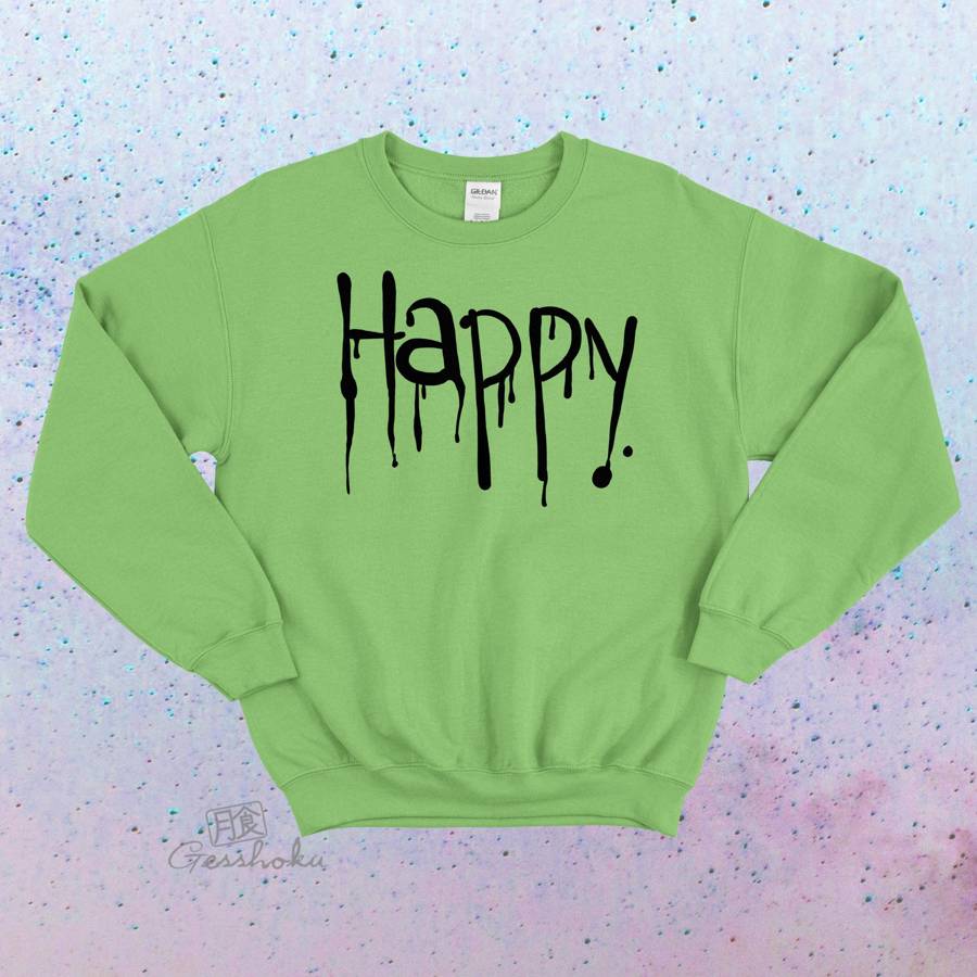 "Happy" Dripping Text Crewneck Sweatshirt - Lime Green