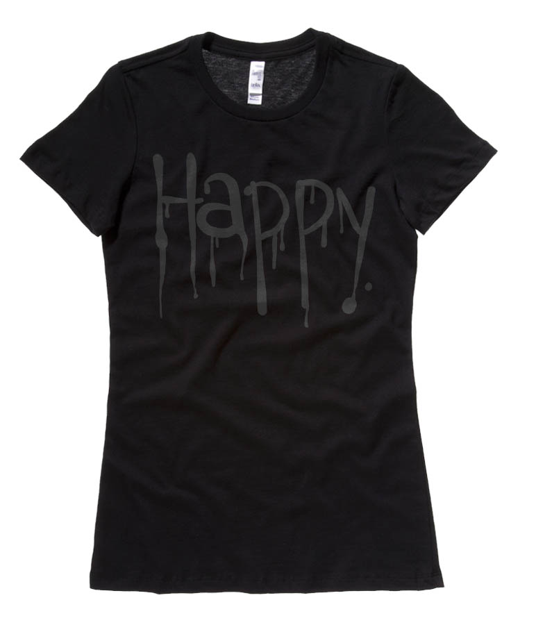 "Happy" Dripping Text Ladies T-shirt - Shimmer Black on Black