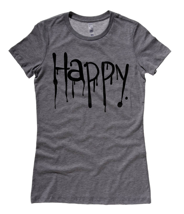 "Happy" Dripping Text Ladies T-shirt - Deep Heather Grey