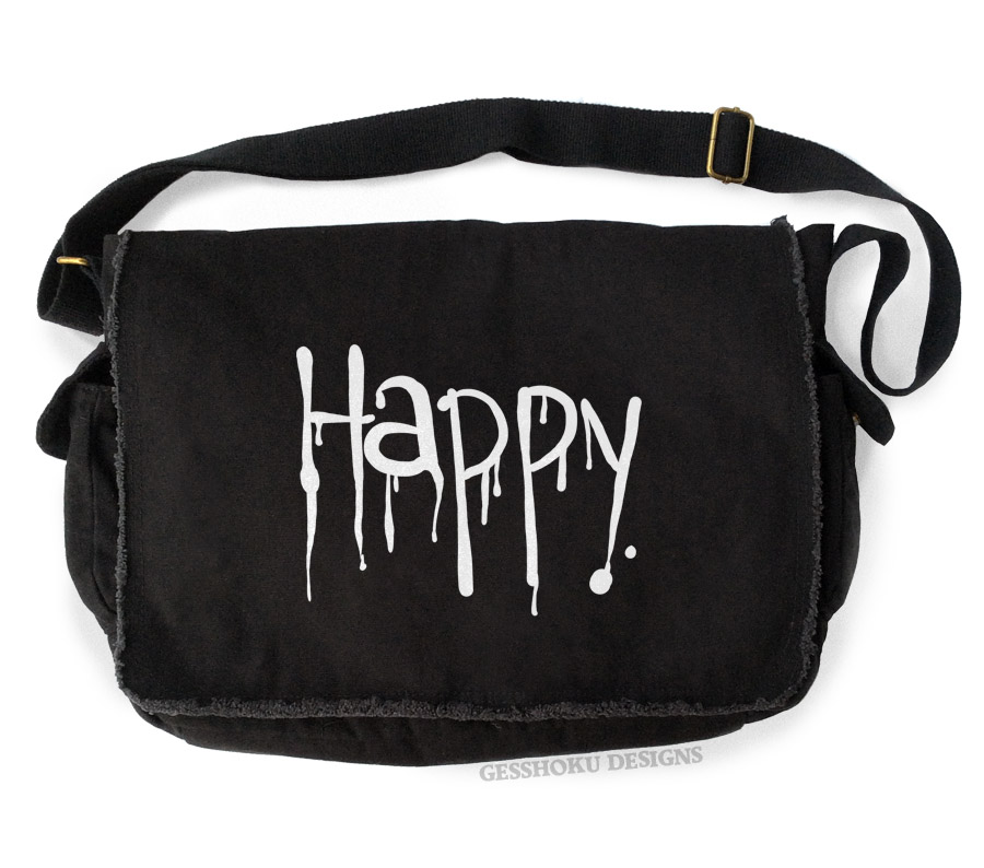 "Happy" Dripping Text Messenger Bag - Black