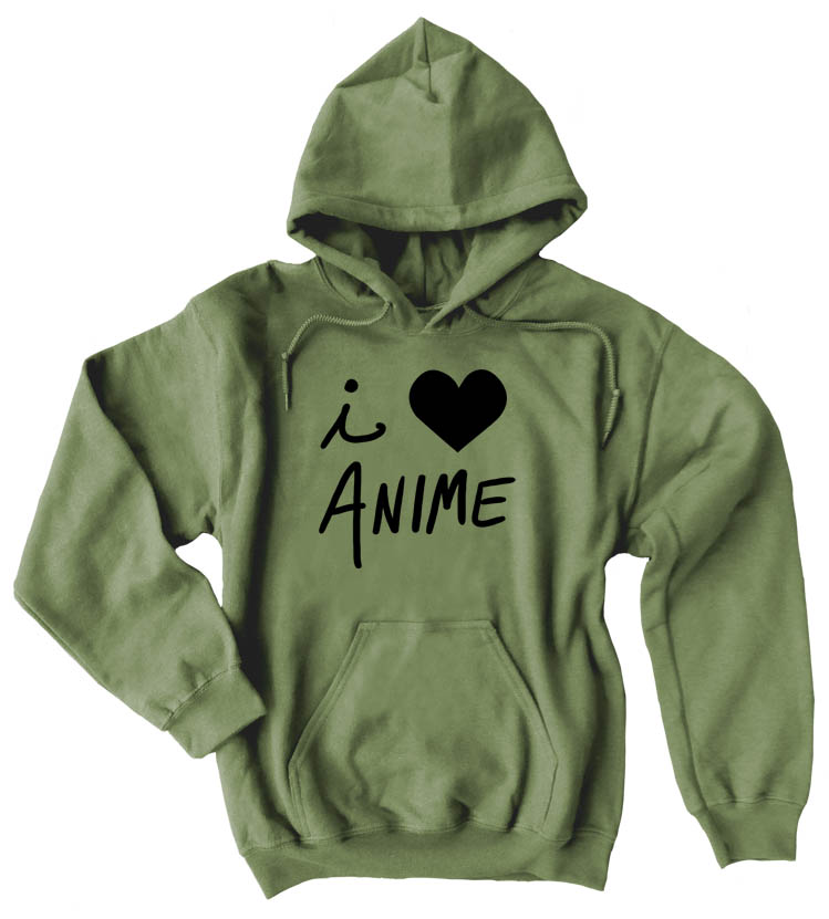 I Love Anime Pullover Hoodie - Olive Green