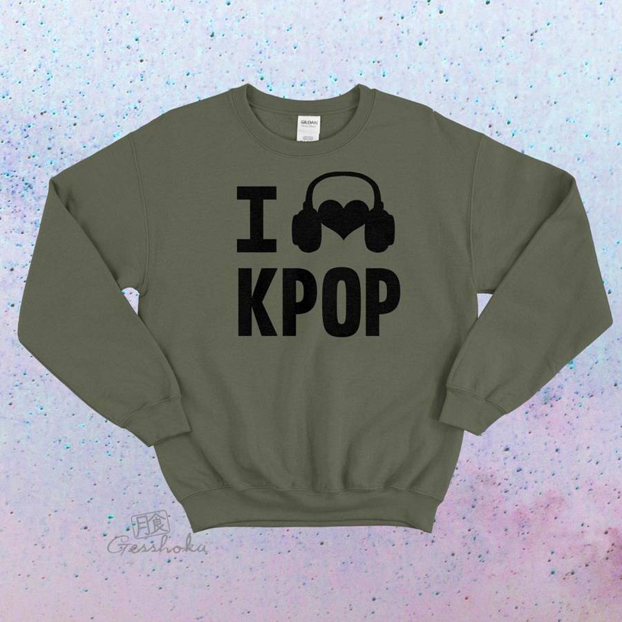 I Listen to KPOP Crewneck Sweatshirt - Olive Green