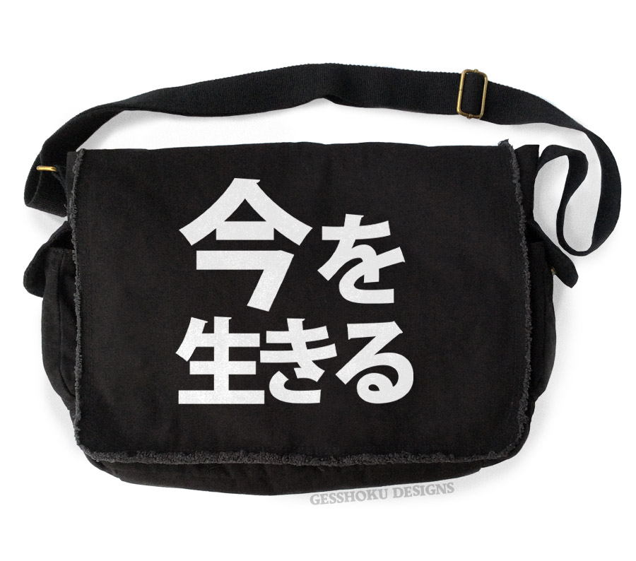 Live in the Moment Kanji Messenger Bag - Black