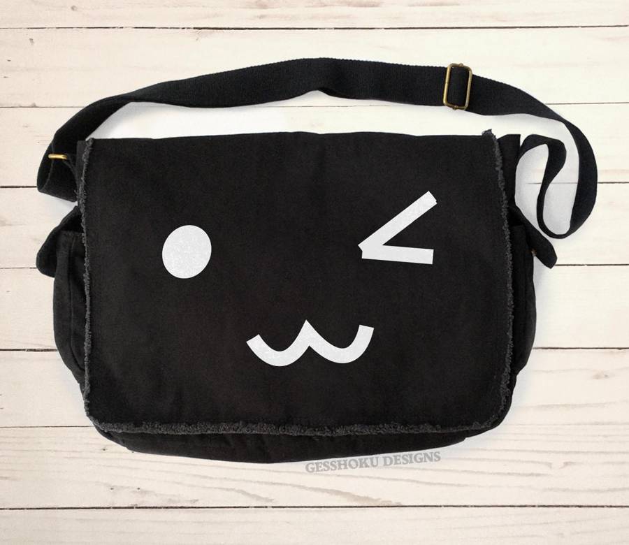 Kawaii Face Messenger Bag - Black
