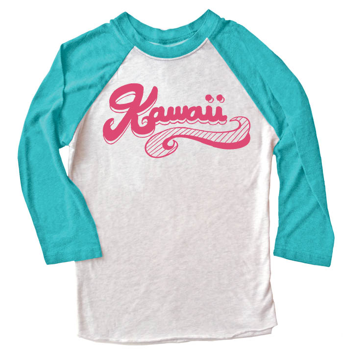 Kawaii Retro Swoosh Raglan T-shirt 3/4 Sleeve - Teal/White