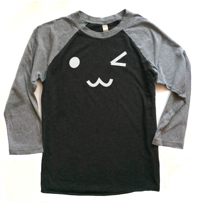 Kawaii Face Raglan T-shirt 3/4 Sleeve - Grey/White