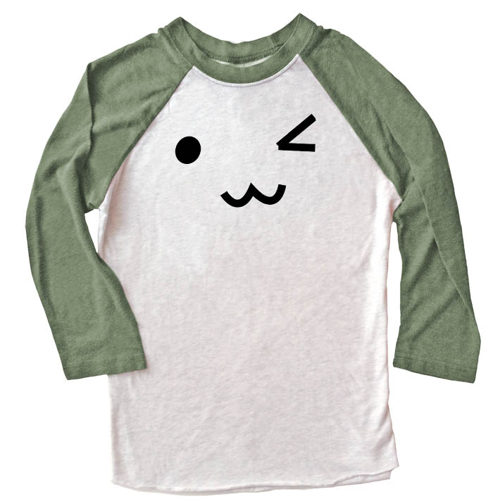 Kawaii Face Raglan T-shirt 3/4 Sleeve - Olive/White