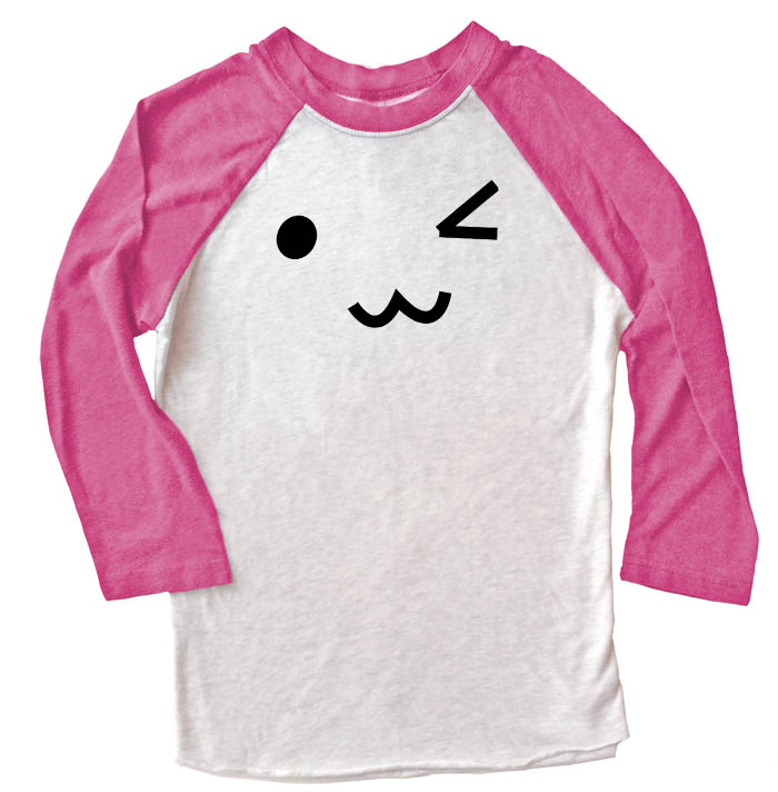 Kawaii Face Raglan T-shirt 3/4 Sleeve - Pink/White