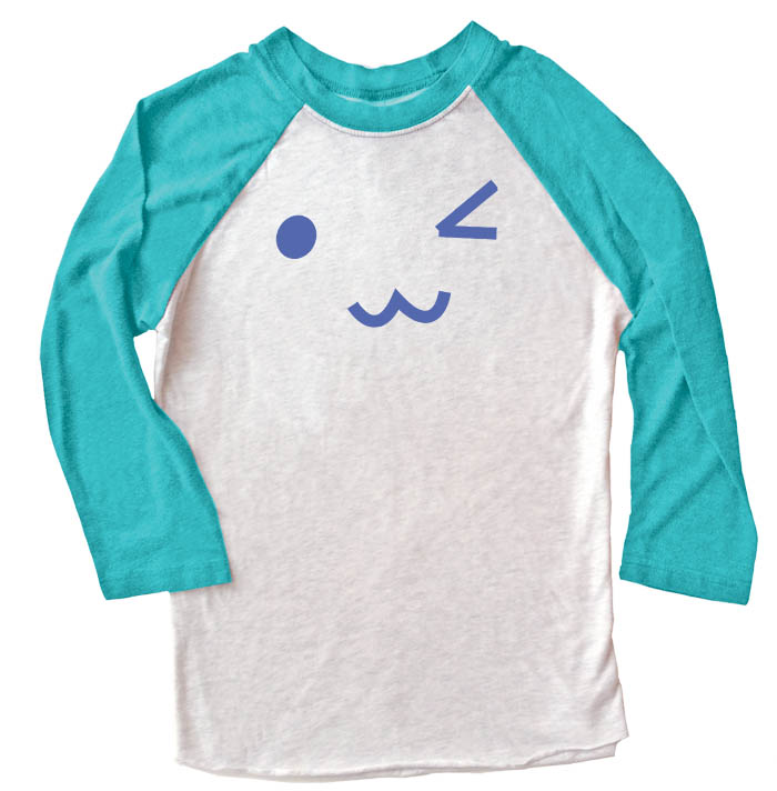 Kawaii Face Raglan T-shirt 3/4 Sleeve - Teal/White