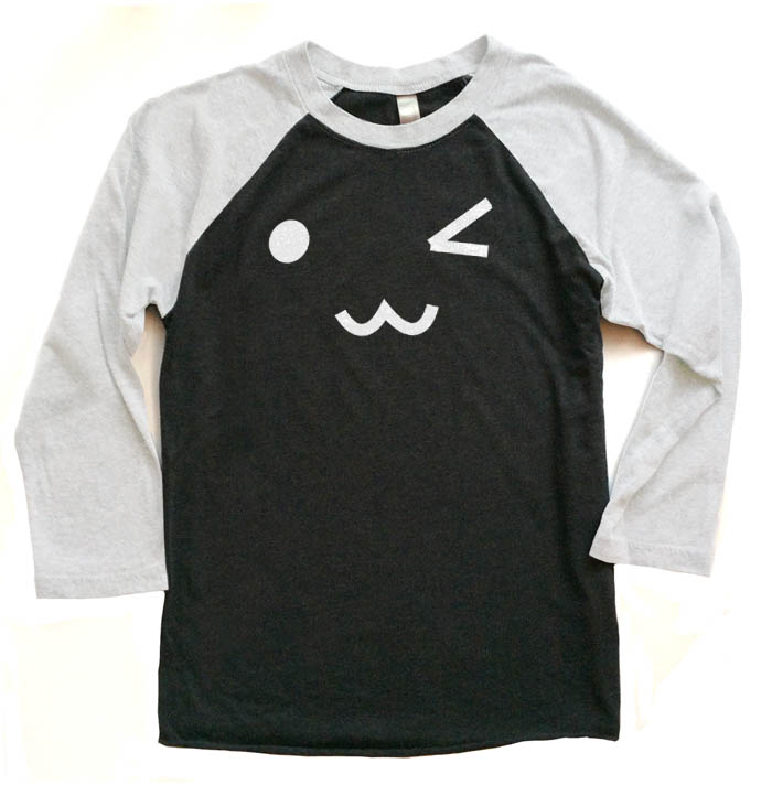 Kawaii Face Raglan T-shirt 3/4 Sleeve - White/Black