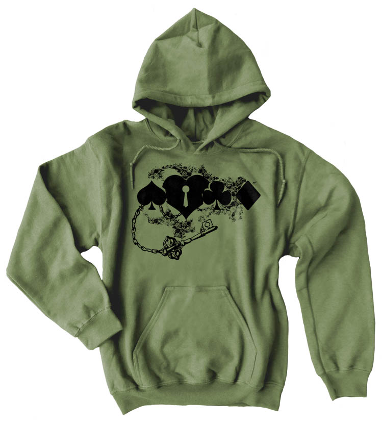 Key to My Heart Card Suit Pullover Hoodie - Olive Green