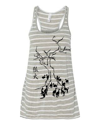 Kitsune Fire Flowy Tank Top - Grey/White Stripe