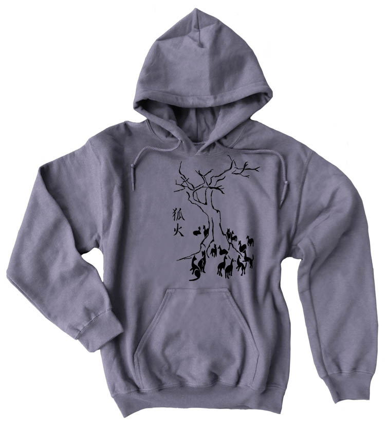 Kitsune Fire Pullover Hoodie - Charcoal Grey