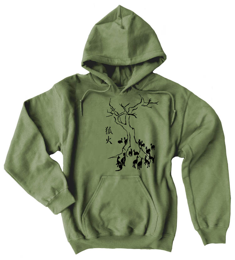 Kitsune Fire Pullover Hoodie - Olive Green