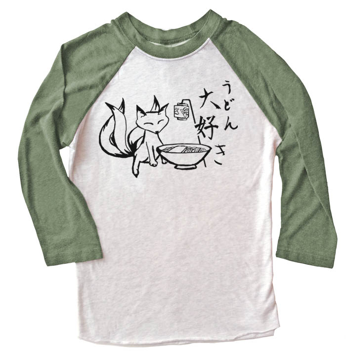 Kitsune Udon Raglan T-shirt - Olive/White