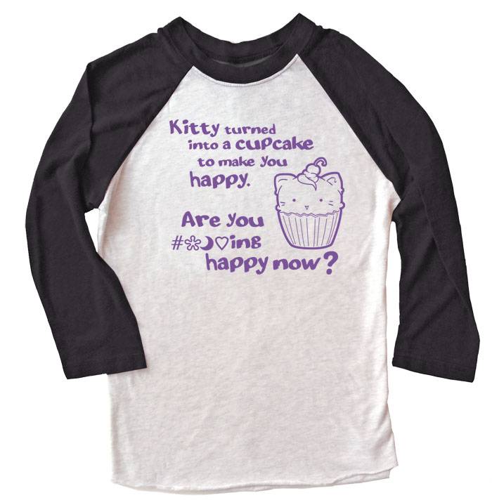 Kitty Turned into a Cupcake Raglan T-shirt 3/4 Sleeve - Black/White