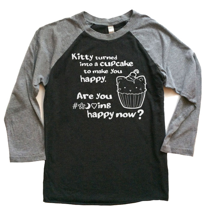 Kitty Turned into a Cupcake Raglan T-shirt 3/4 Sleeve - Grey/Black