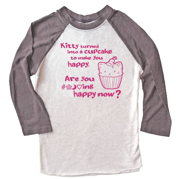 Kitty Turned into a Cupcake Raglan T-shirt 3/4 Sleeve - Grey/White