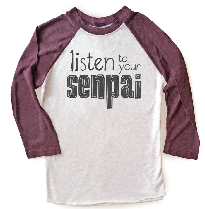Listen to Your Senpai Raglan T-shirt 3/4 Sleeve - Vintage Purple/White