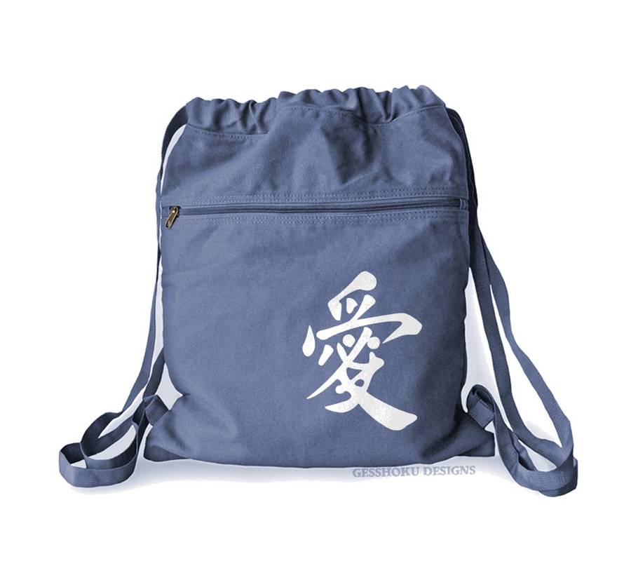 Japanese Love Kanji Cinch Backpack - Denim Blue