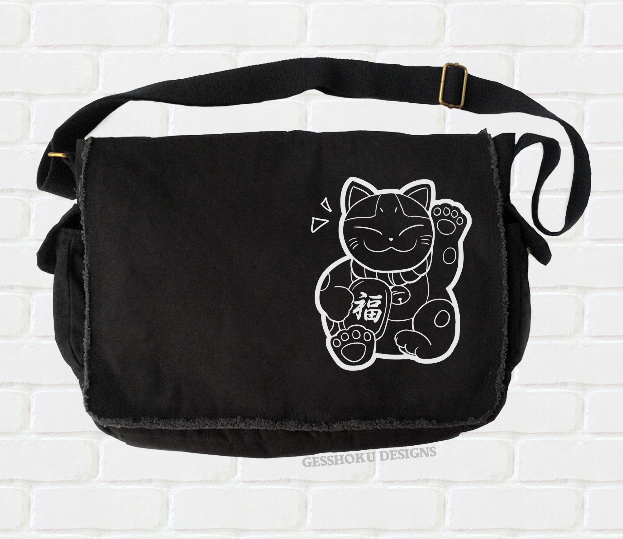 Maneki Neko Messenger Bag - Black