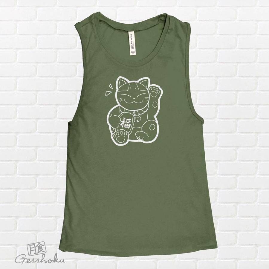 Maneki Neko Sleeveless Tank Top - Olive Green