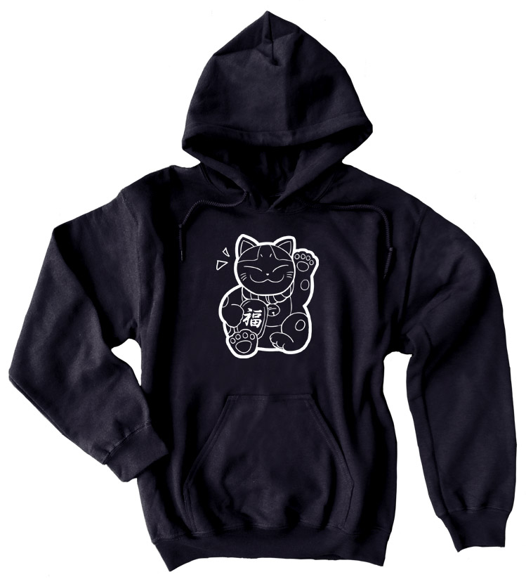 Maneki Neko Pullover Hoodie - Black