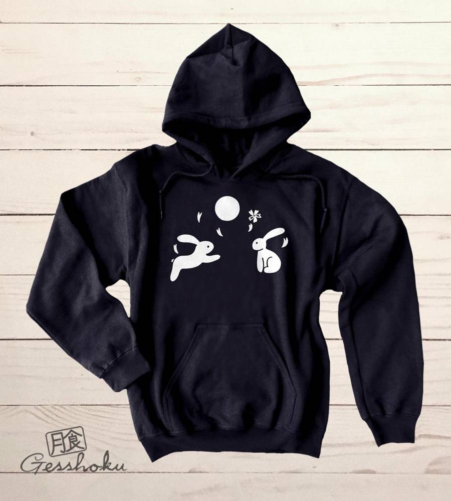 Japanese Moon Bunnies Pullover Hoodie - Black