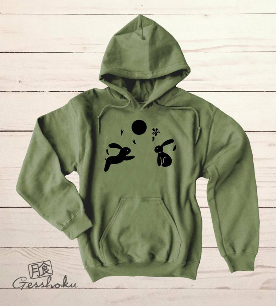 Japanese Moon Bunnies Pullover Hoodie - Olive Green