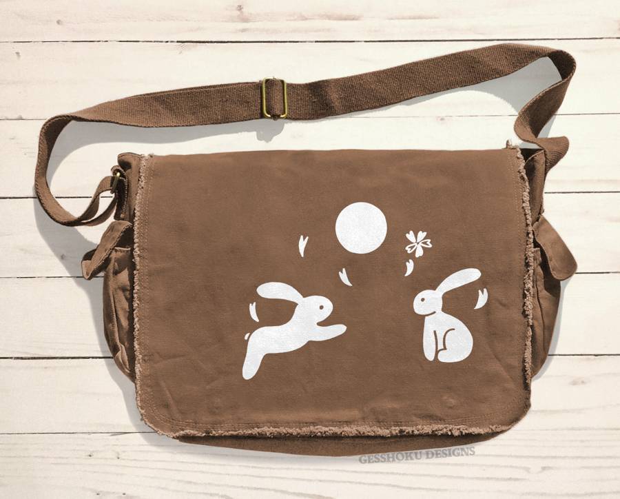 Asian Moon Bunnies Messenger Bag - Brown