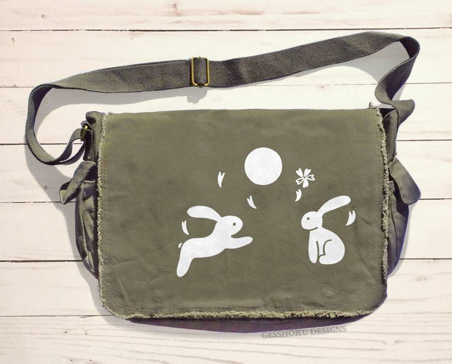 Asian Moon Bunnies Messenger Bag - Khaki Green