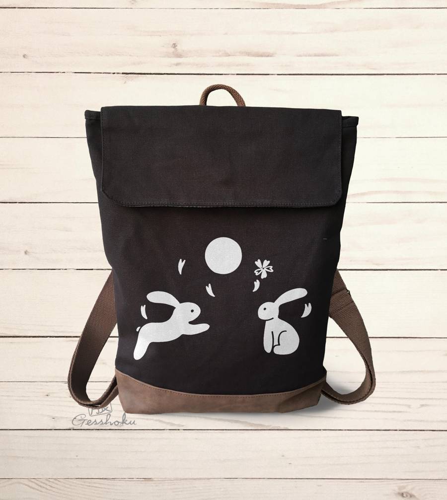 Moon Bunnies Canvas Zippered Rucksack - Black