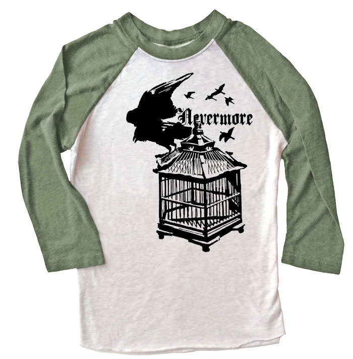 Nevermore: Raven's Cage Raglan T-shirt - Olive/White