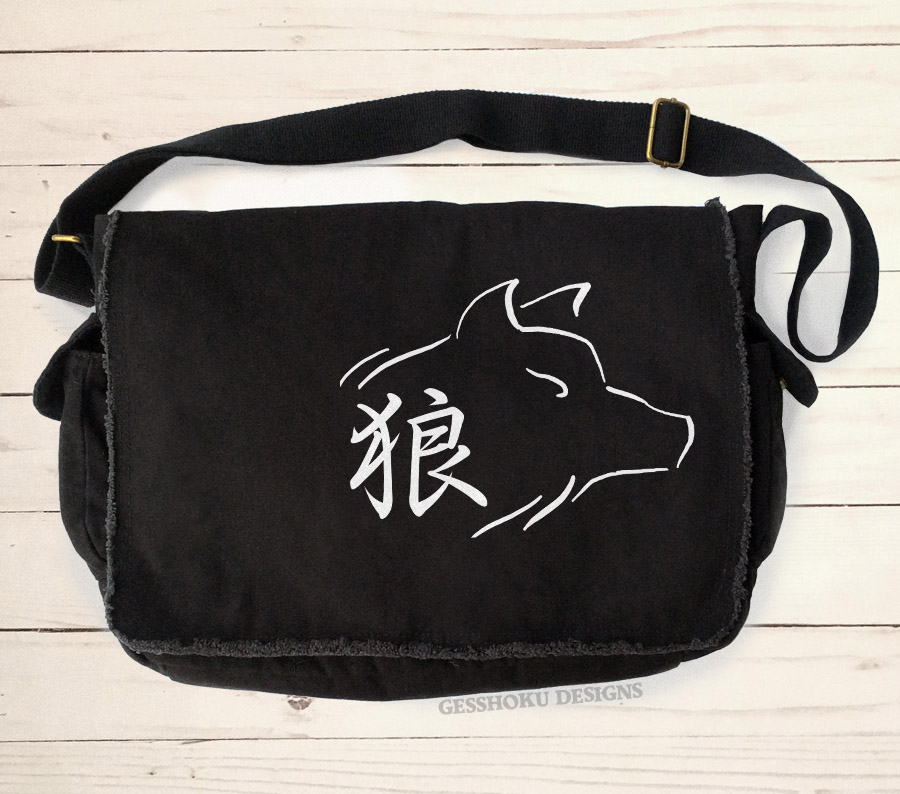 Ookami Wolf Kanji Messenger Bag - Black