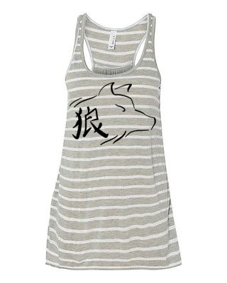 Ookami Wolf Flowy Tank Top - Grey/White Stripe