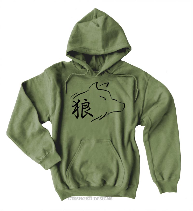 Ookami Wolf Kanji Pullover Hoodie - Olive Green