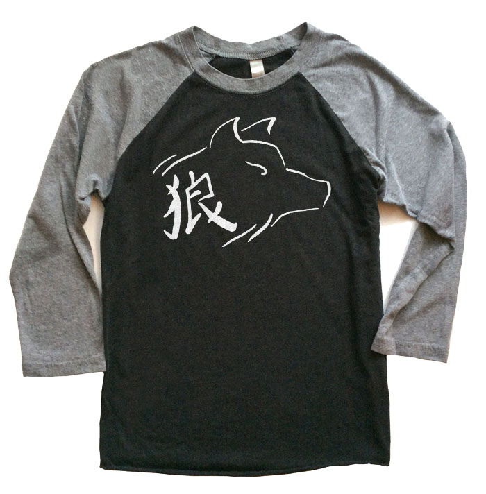 Ookami Wolf Raglan T-shirt 3/4 Sleeve - Grey/Black