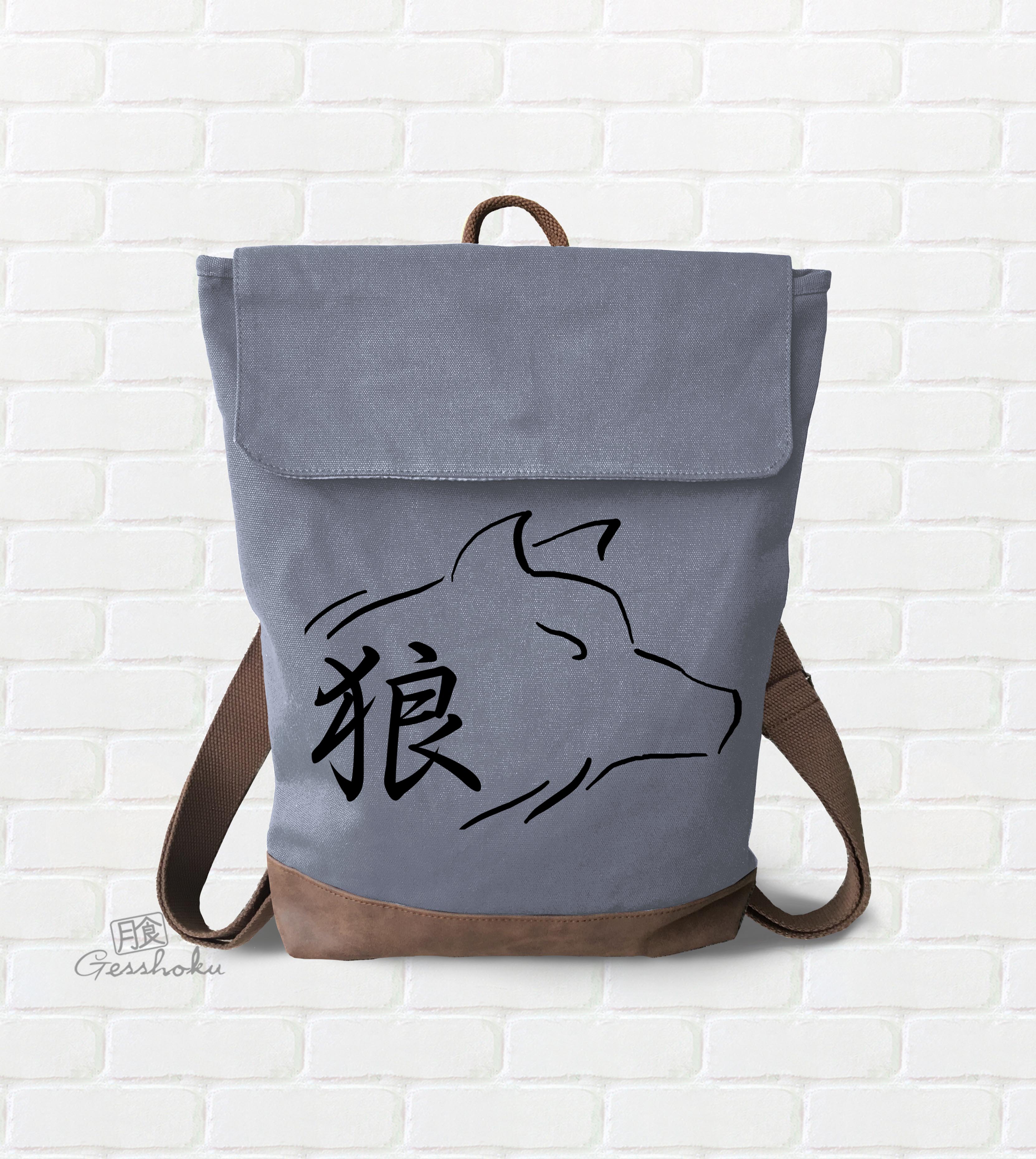 Ookami Wolf Canvas Zippered Rucksack - Smoke Grey
