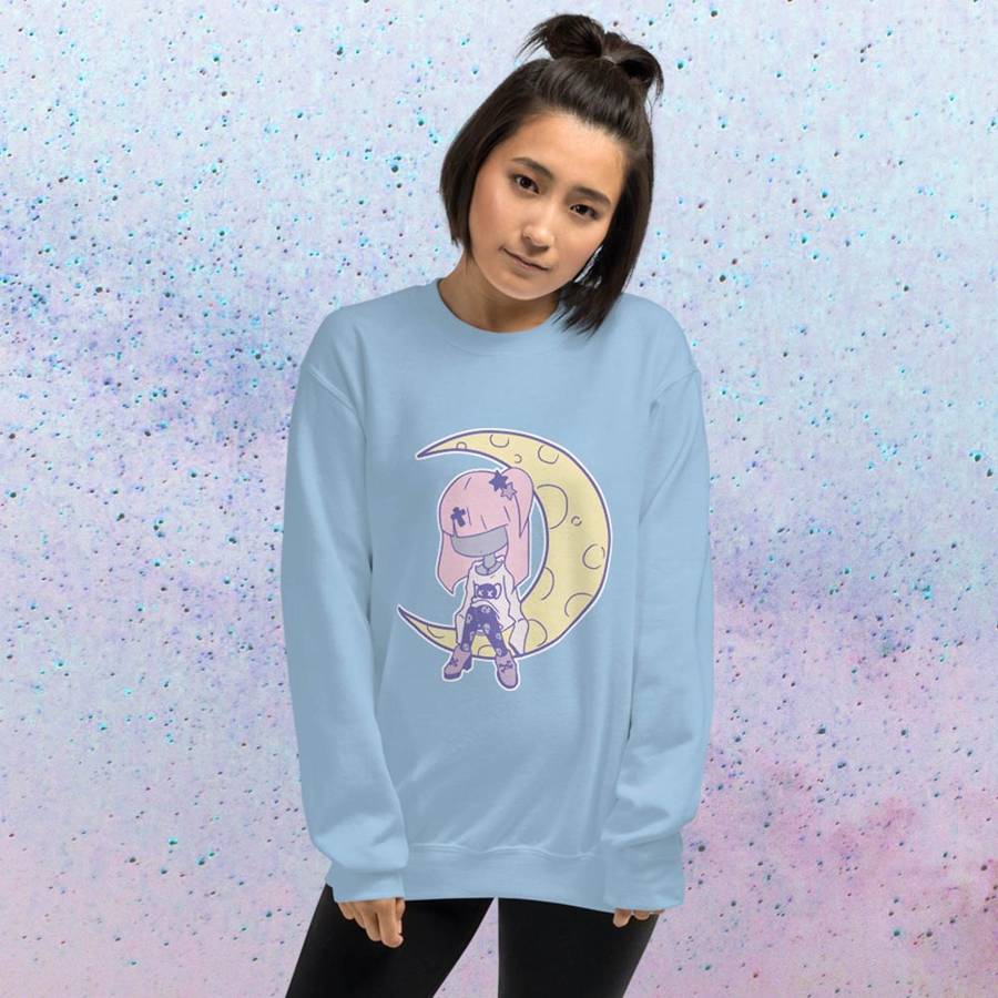 Pastel Moon Yume Kawaii Color-Print Crewneck Sweatshirt - Light Blue