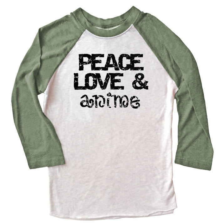 Peace Love & Anime Raglan T-shirt - Olive/White