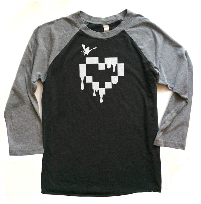 Pixel Heart Raglan T-shirt 3/4 Sleeve - Grey/Black